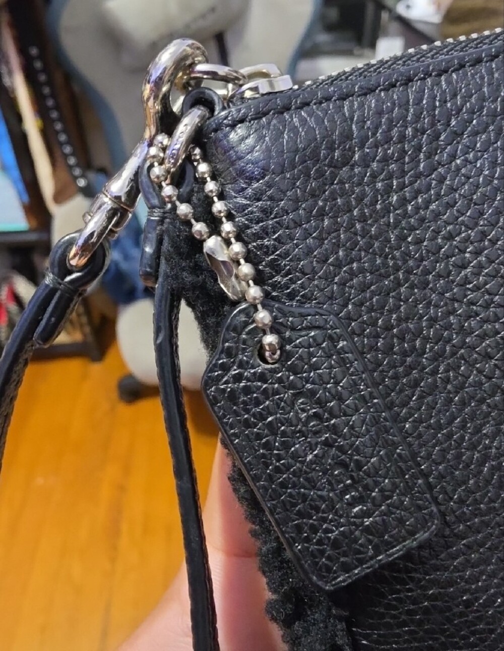 Coach Black Pebbled Leather Wristlet with Shearling Trim - Picture 7 of 7